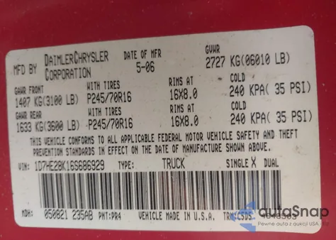 2006 Dodge Dakota St z USA, uszkodzony, nr VIN 1D7HE28K16S686929